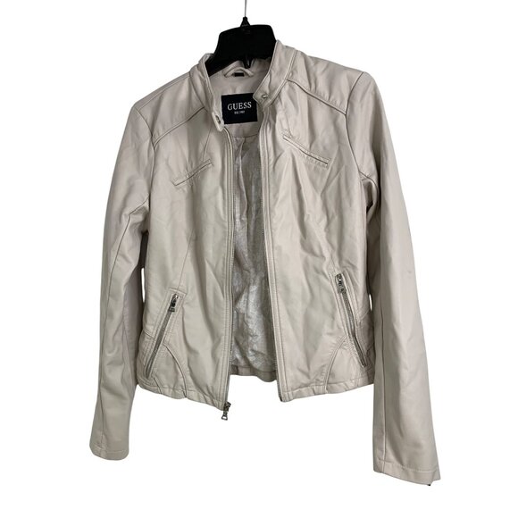 VTG Guess Cream Faux Leather Biker Jacket W/ Zip Cuffs RH10188 Sz S - Picture 3 of 13